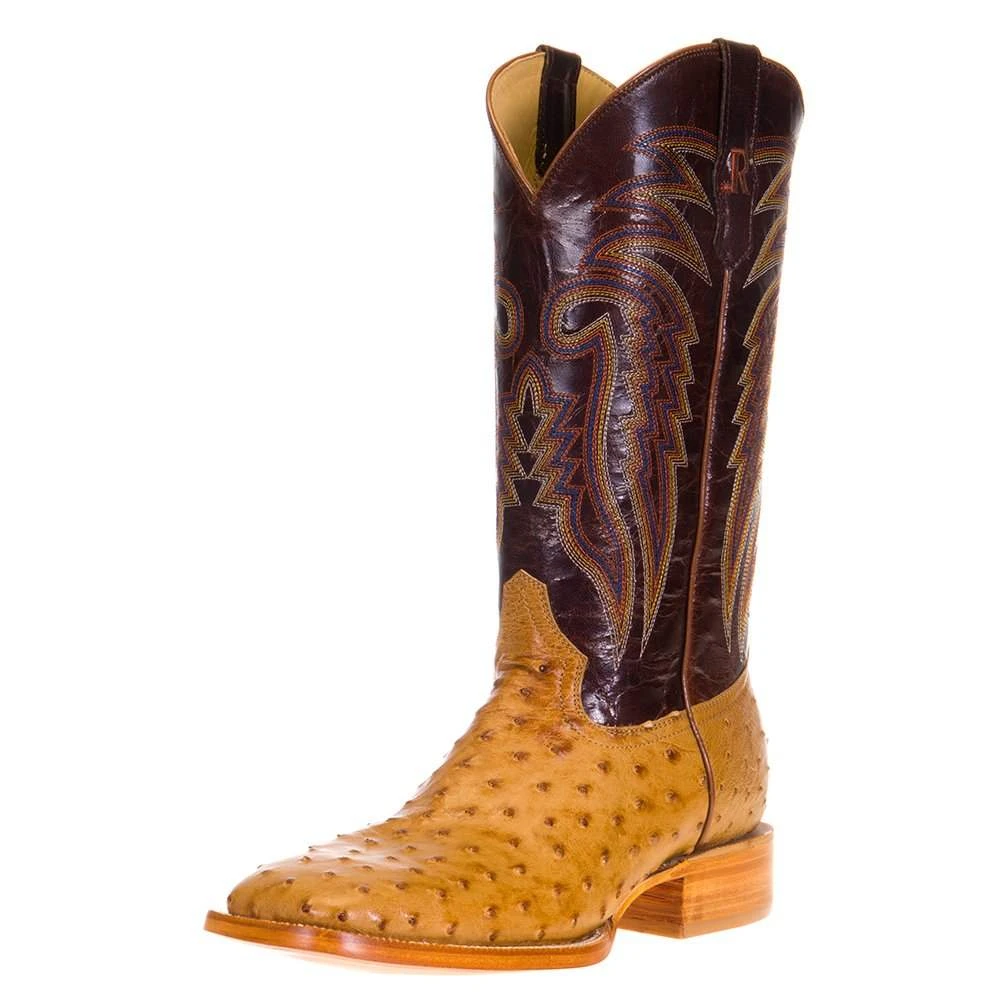 R Watson Boots Men's Antique Saddle Full Quill Ostrich 13in. Volcano Brass Goat Top Boot