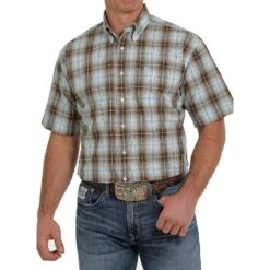 Cinch Men's Brown Plaid Short Sleeve Buttondown