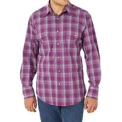 Wrangler Men's Wrinkle Resistant Western Long Sleeve Purple Plaid Shirt