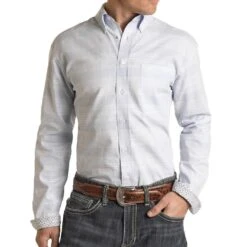 Panhandle Men's Textured Plaid Light Blue Button Down