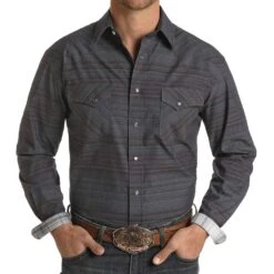 Panhandle Men's Rough Stock Horizontal Stripe Long Sleeve Button Down