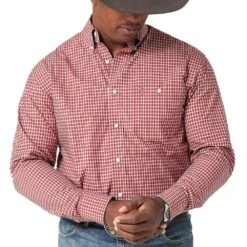 Wrangler Men's George Strait Red Plaid Long Sleeve Button Down