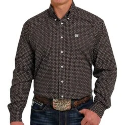 Cinch Men's Geometric Print Brown Button-Down Shirt