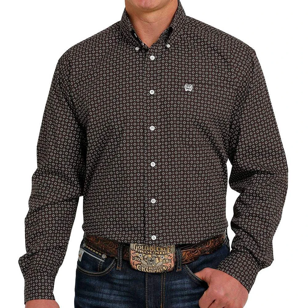 Cinch Men's Geometric Print Brown Button-Down Shirt
