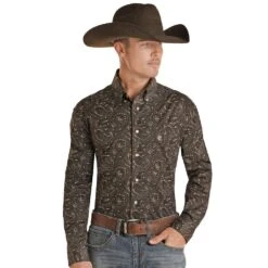 Rock N Roll Cowboy Brown Paisley Print Button-Down Shirt