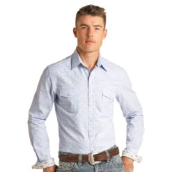 Panhandle Men's Rough Stock Blue Dobby Snap Shirt