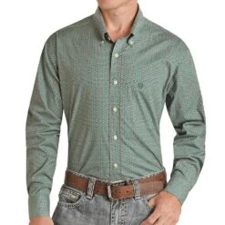 Rock N Roll Cowboy Teal Geometric Print Button Down