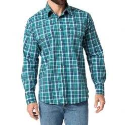 Wrangler Men's Wrinkle Resist Turquoise Plaid Long Sleeve Snap Shirt
