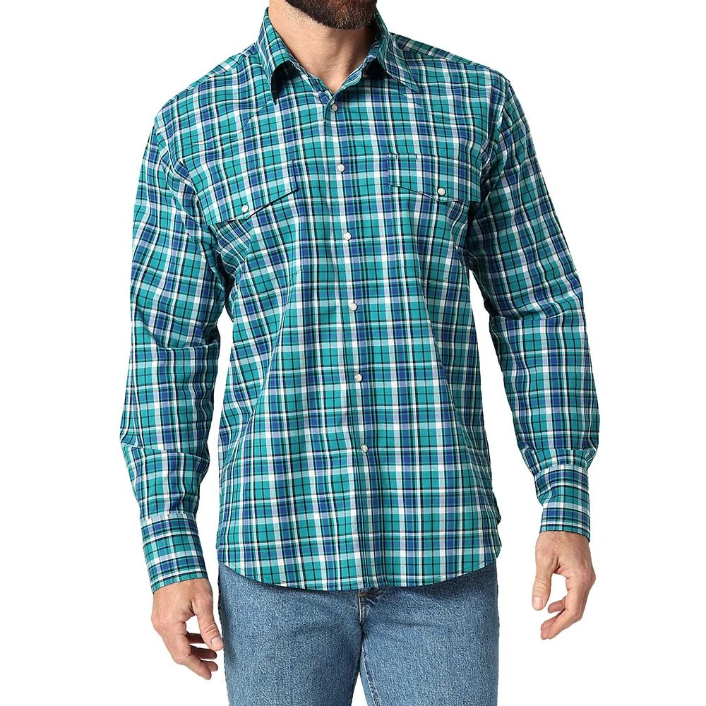 Wrangler Men's Wrinkle Resist Turquoise Plaid Long Sleeve Snap Shirt