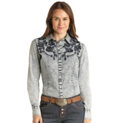 Panhandle Womens Powder Blue Acid Wash Snap Shirt W/ Embry
