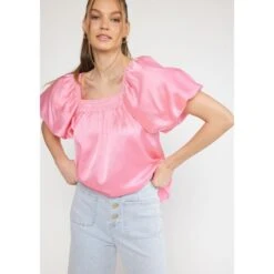 Entro Womens Pink Satin Bubble Sleeve Top