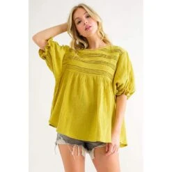 Ces Femme Womens Kiwi Puff Sleeve Tunic Top