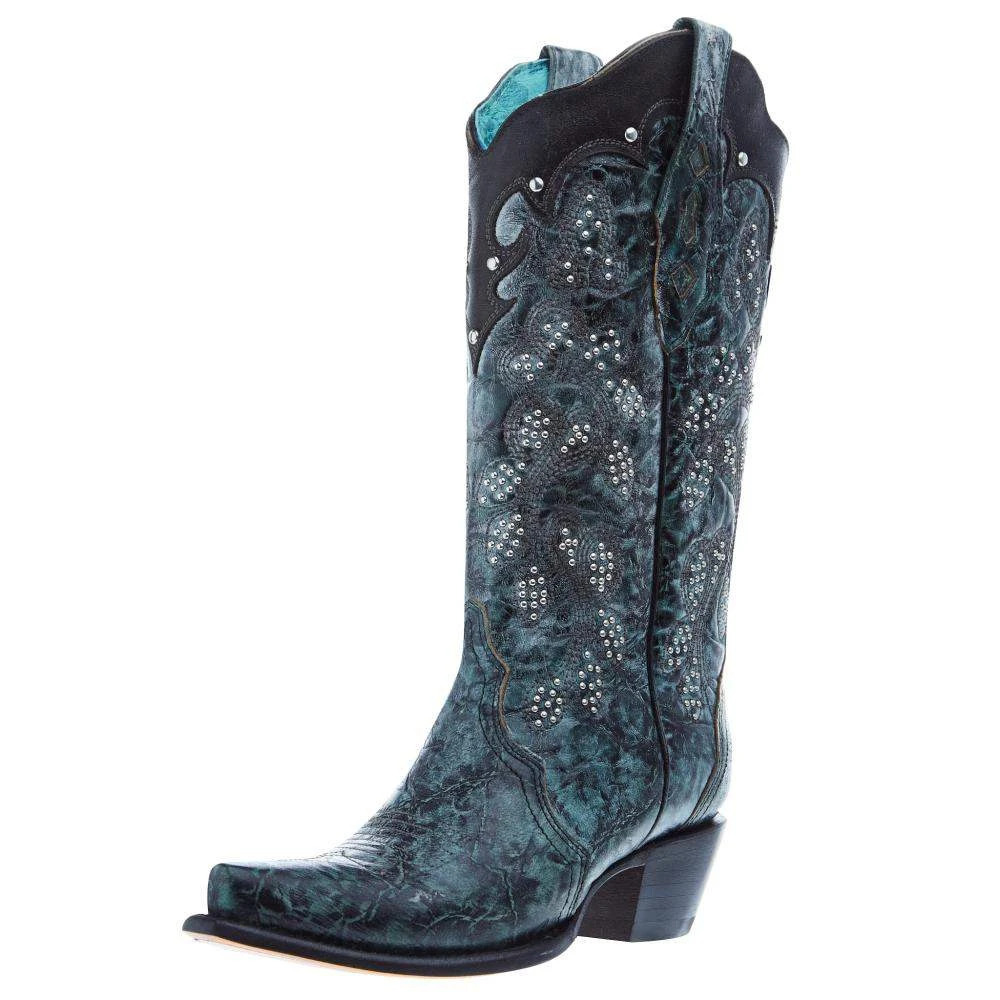 Corral Women's Green-Black Overlay Embroidery 13 In Top Snip Toe Boot