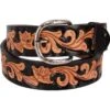 Double J Hand-Tooled Floral Black Dyed Belt